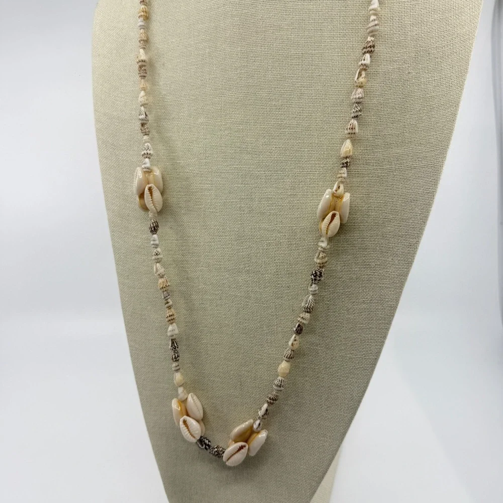Cream Brown Cowrie Seashell Long Necklace Coastal Boho Beach Statement Gift